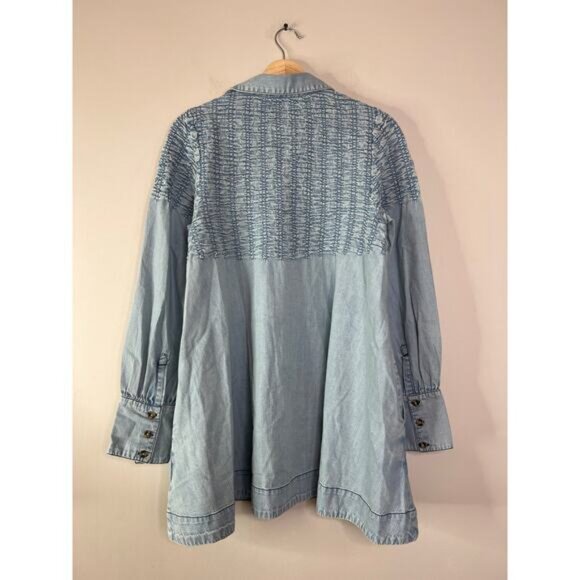 NWT Free People Denim Find Me Now Buttons Smocked Mini Dress Glacier Blue Size S - Picture 6 of 7